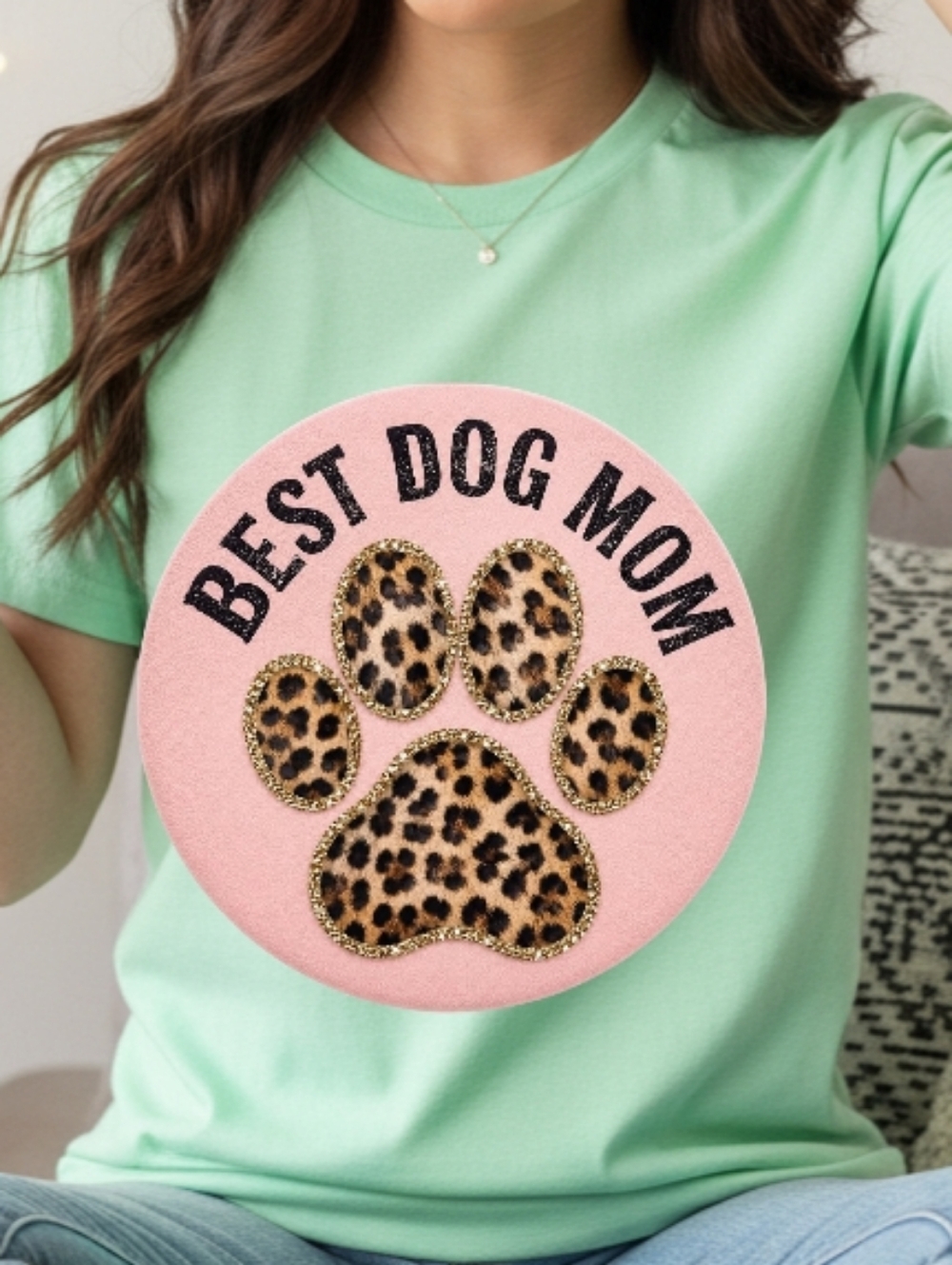 Gildan Mint Tee with Pink Leopard Paw "Best Dog Mom" Graphic